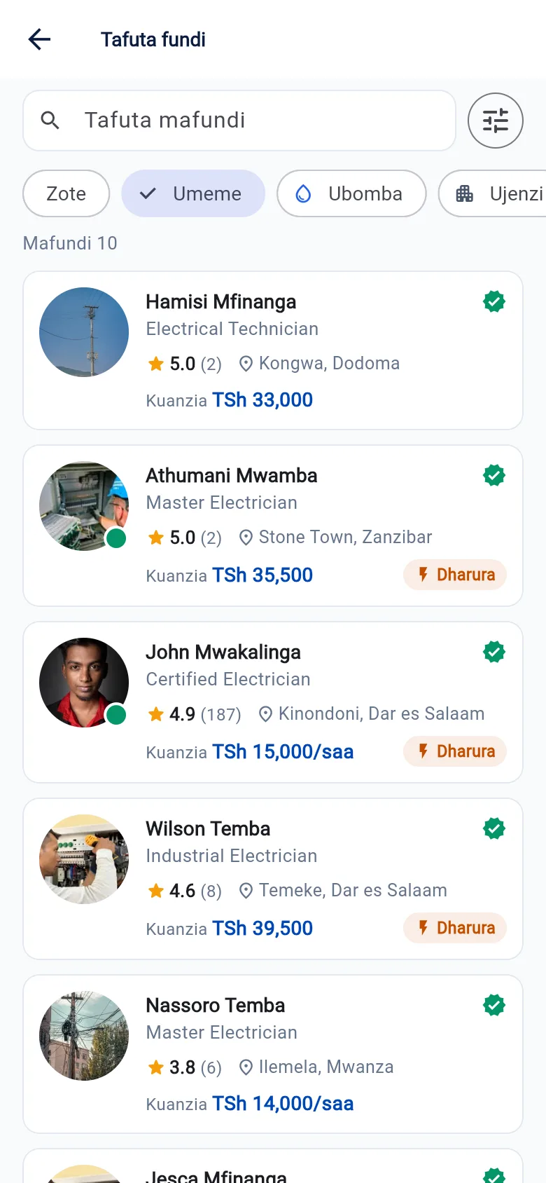 App ya simu: Mafundi wa kategoria