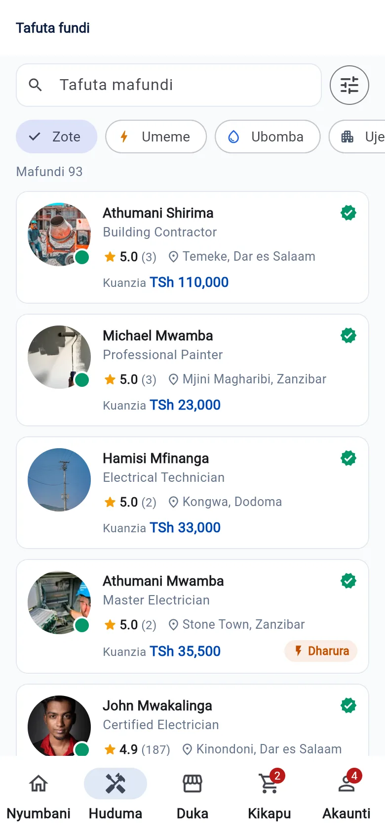 App ya simu: Huduma (mafundi wote)